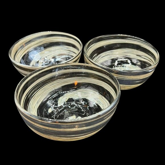 3 STUNNING Hand Blown Art Glass Bowls Cream Gold Iridescent Brown Swirl 6